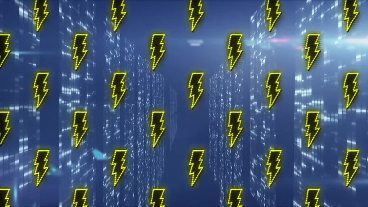 Animation of moving shapes and lightning icons over light spots