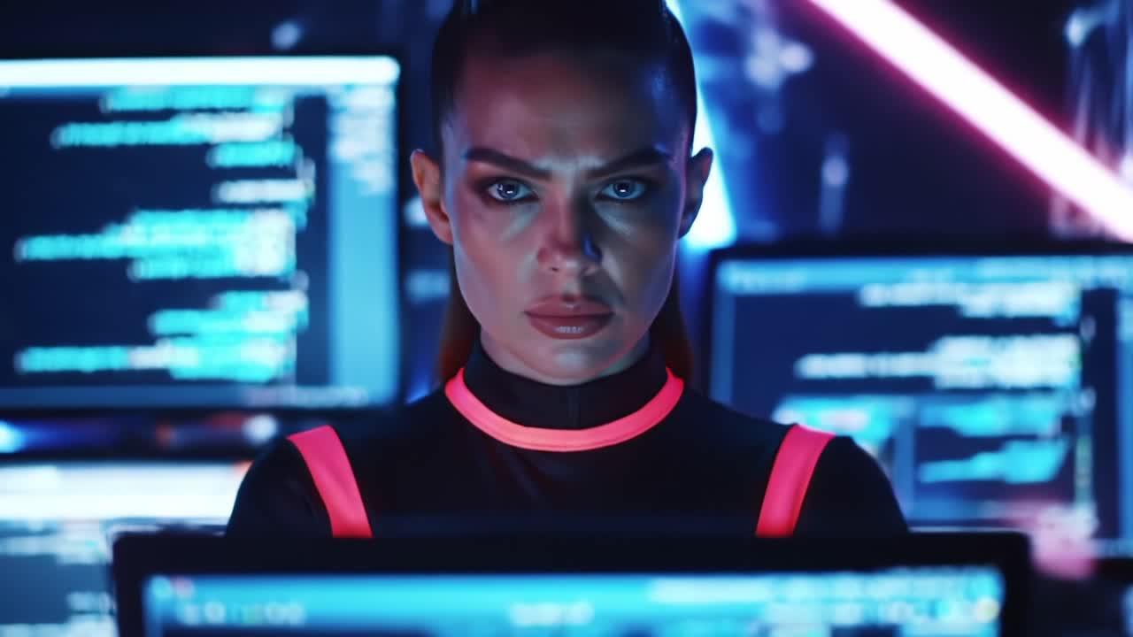 Intense Focus: A Tech Expert in a Futuristic Environment Analyzing Data with Advanced Computer Technology in a Dark, Atmospheric Setting