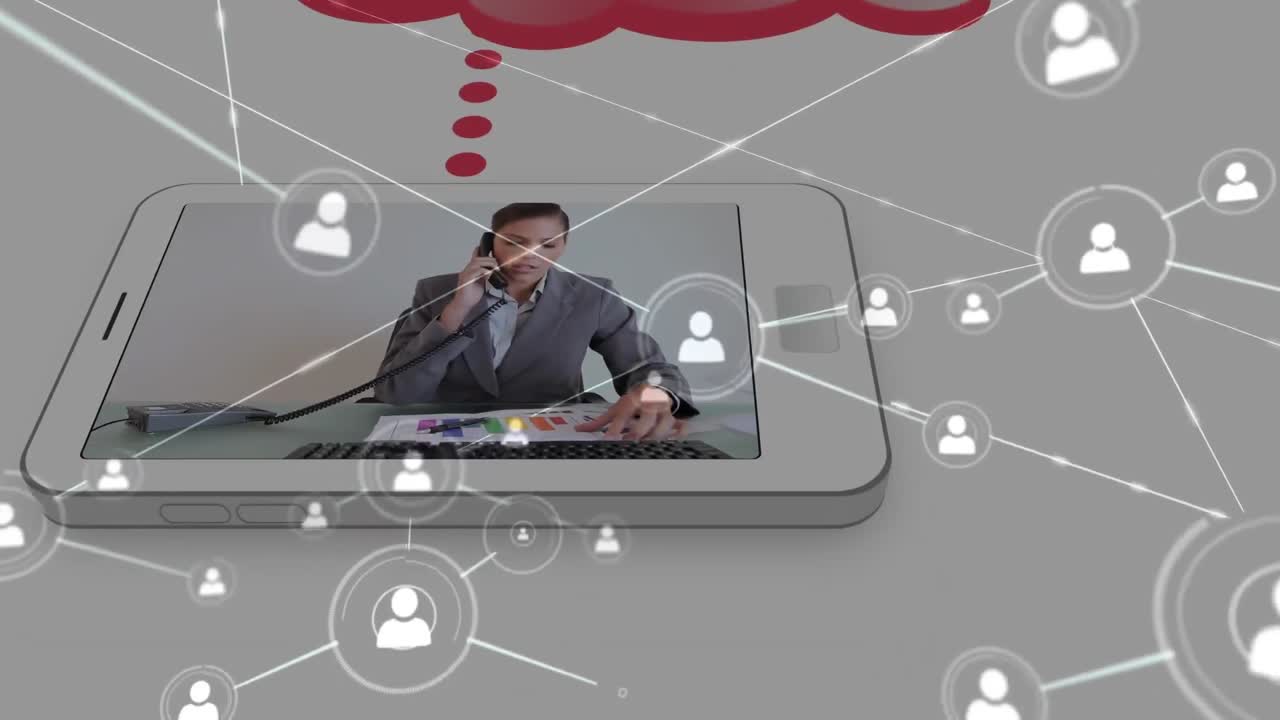 거품 연설과 다양한 사업가들이 전화로 이야기하고 사무실에서 일하는 애니메이션