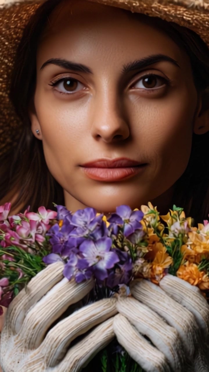 Una donna con un cappello di paglia che tiene un'abbondanza di fiori colorati, catturando l'essenza della natura e della serenità in un momento di riflessione e gioia.