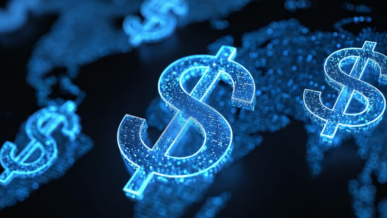 Futuristic blue dollar signs made of glowing particles floating over a digital representation of the world map, symbolizing global finance, fintech innovation, and digital currency exchange