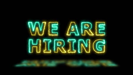'we are hiring' pink and green energy border lines title animation with reflection on a floor. simple seamless loop animated text. 4k typography motion graphic