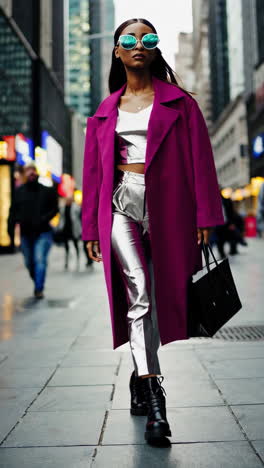 woman in fuchsia coat and metallic pants walking on city street