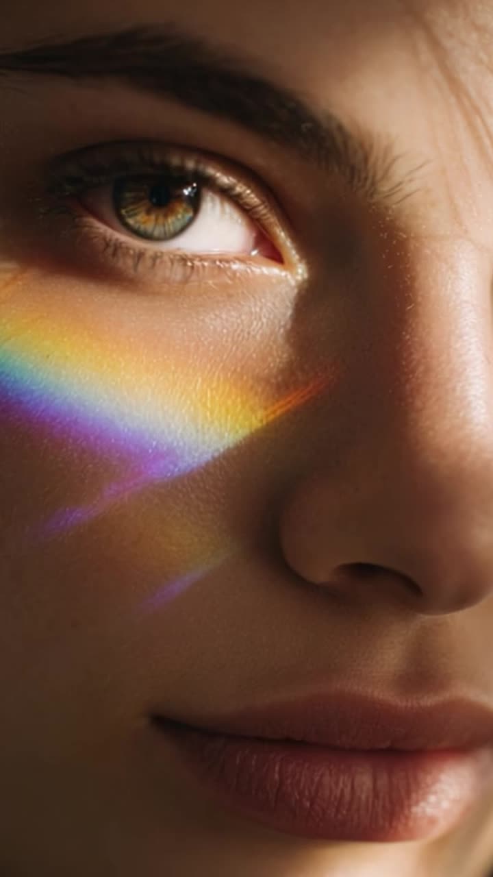 Close-Up Portrait of a Young Woman with a Rainbow Reflection on Her Face, Highlighting Emotions and Intriguing Expressiveness in Soft Natural Lighting