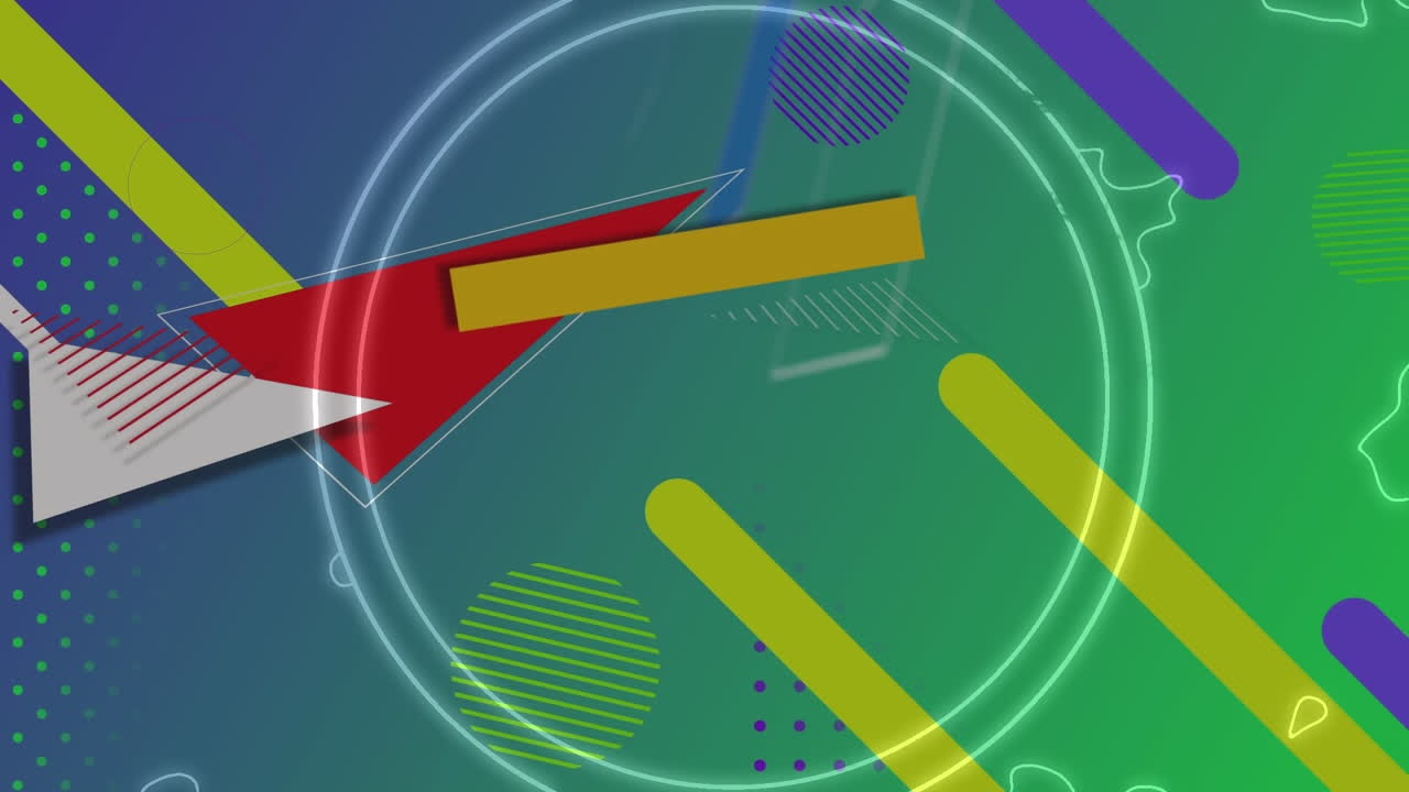 animación digital de formas abstractas coloridas que se mueven contra un fondo de gradiente azul y verde