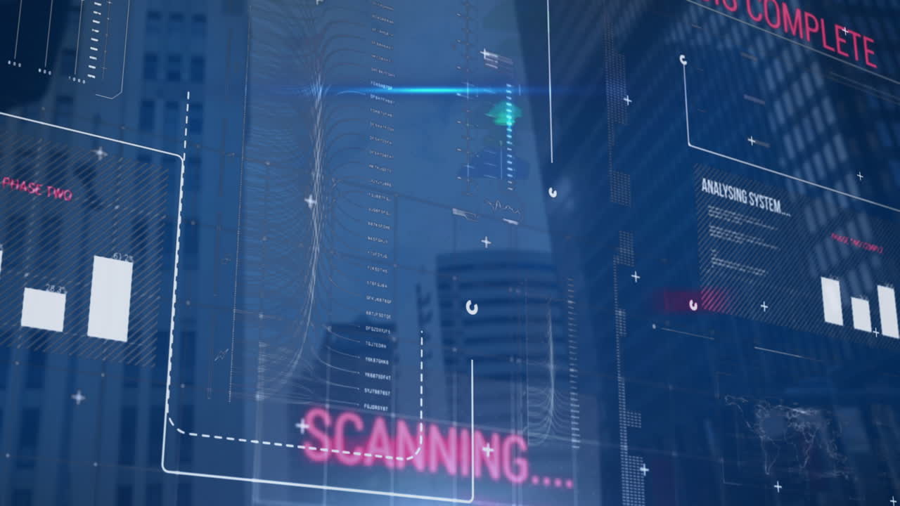 Animation of interface with data processing against tall buildings