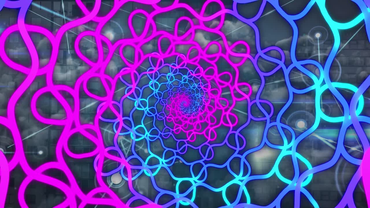 animación de formas de neón con red de conexiones sobre el cielo con nubes.