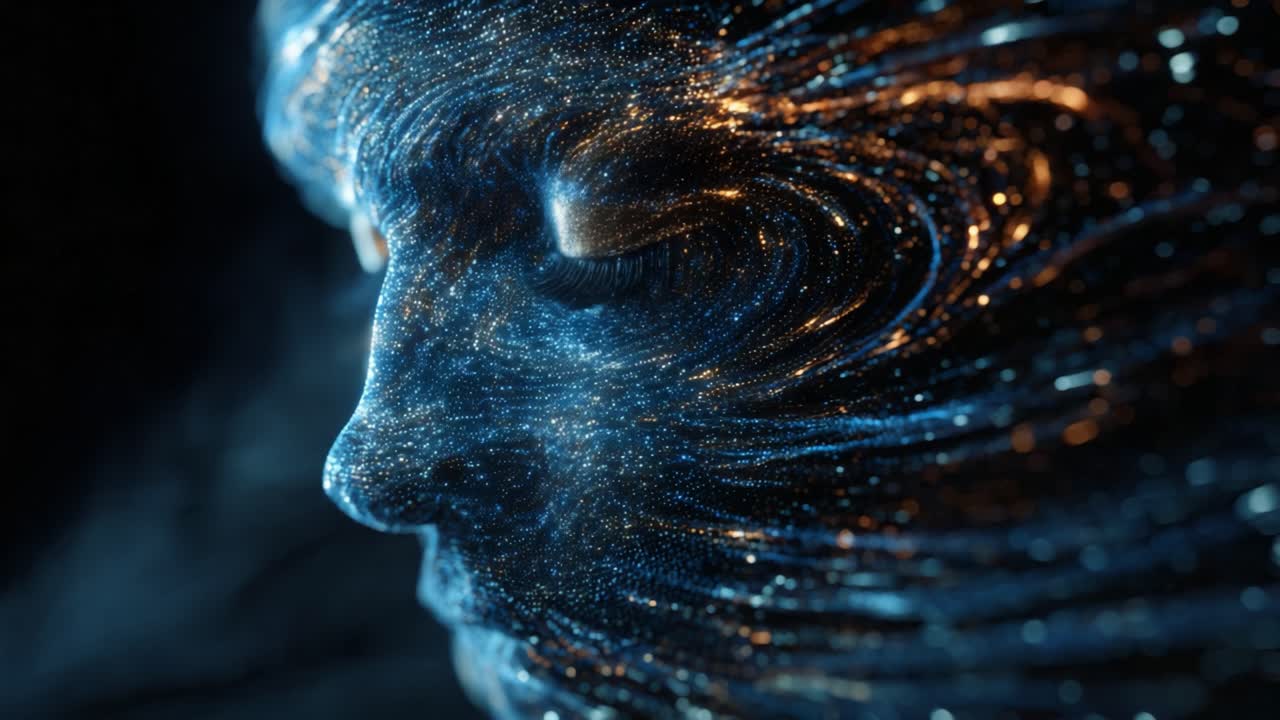 A mesmerizing display of cosmic patterns enveloping a human face, illustrating the interplay between human consciousness and the vastness of the universe, filled with swirling constellations and glowing particles