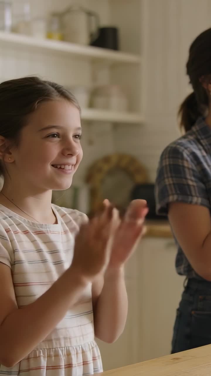 Video verticale: Bambina che applaude con vestito a righe, vede la mamma sorridere al bancone con i barattoli.