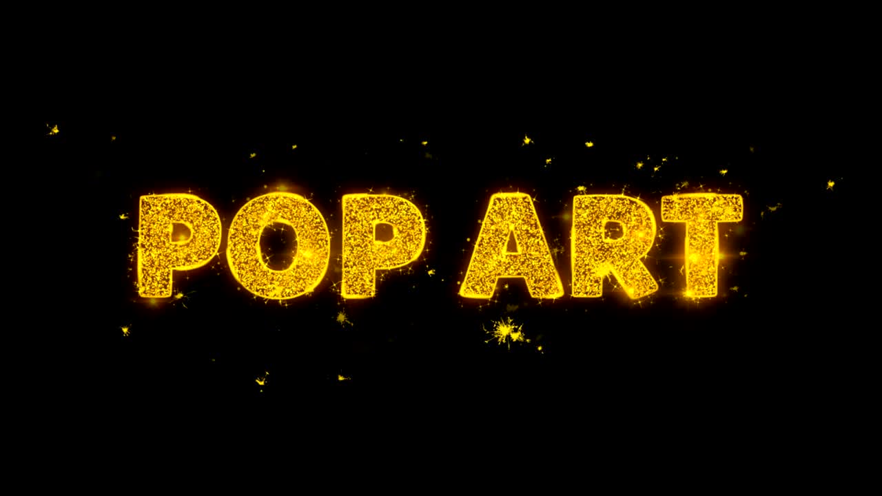 팝 아트 텍스트는 검은 바탕에 입자를 불꽃으로 만니다.