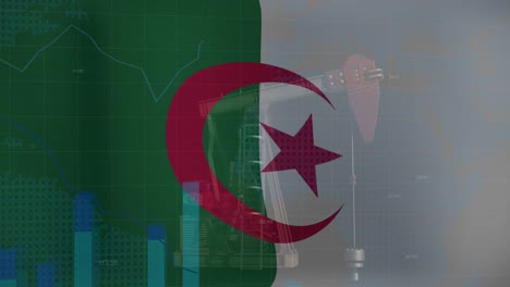 animation of financial data processing and flag of algeria over oil pump