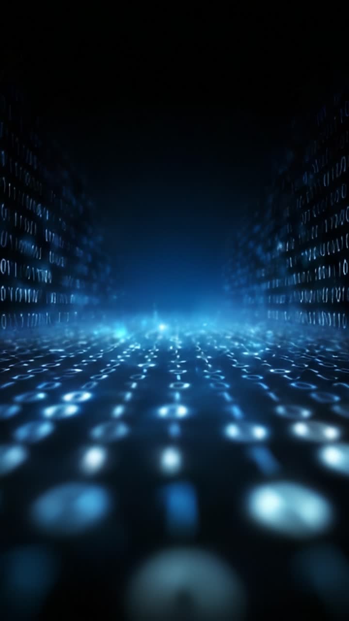 Una rappresentazione visiva ipnotica di codice binario che scorre dinamicamente, creando un tunnel immersivo di luce e tecnologia che incarna l'essenza della cultura digitale.