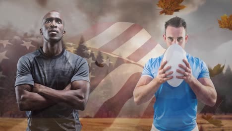 Animation-of-flag-of-usa-and-autumn-leaves-over-diverse-male-rugby-players