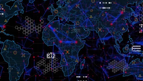 Animation-of-plexus-networks-and-data-processing-over-world-map-against-black-background