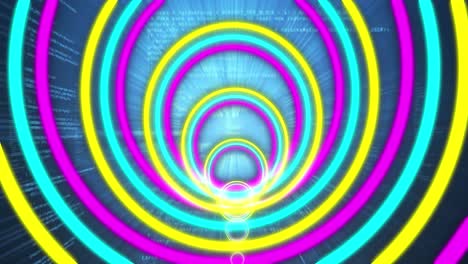 Animation-of-purple,-yellow-and-mint-neon-circles-moving-over-blue-background-with-data-processing