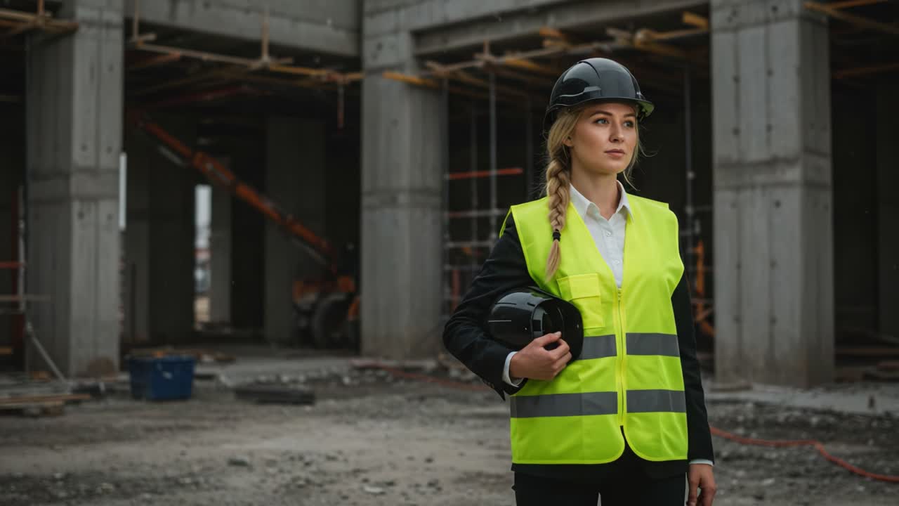 A confident female construction worker in a safety vest and helmet stands at a building site, showcasing professionalism and readiness for construction challenges