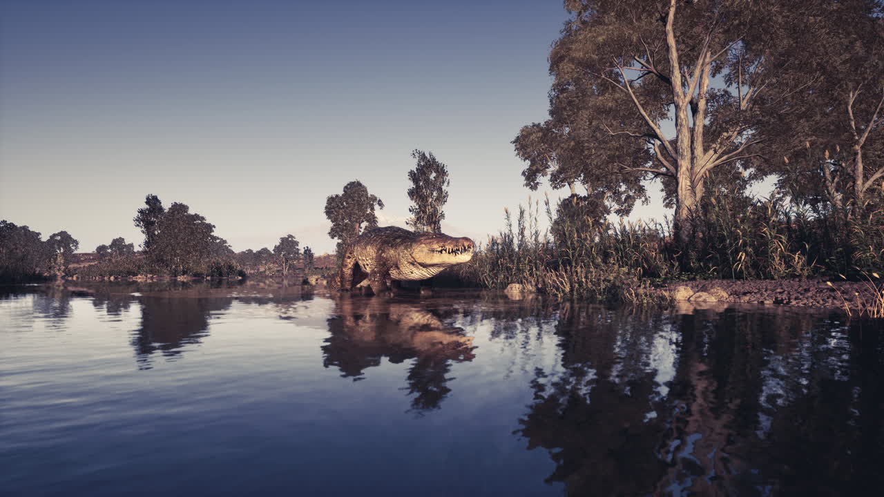 Crocodile basking by the water under a clear sky during sunset