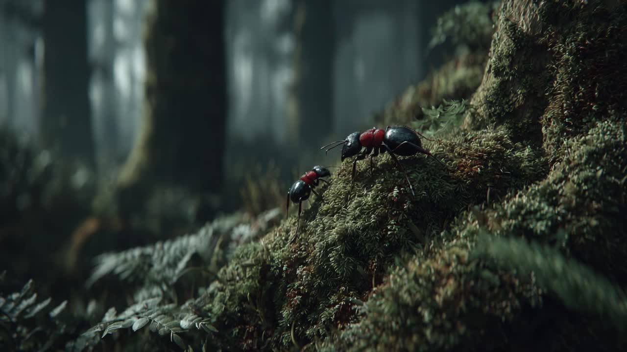 A Journey Through the Dense Forest: A Close-Up Exploration of Ants Navigating the Rich, Mossy Terrain in a Mystic Woodland Environment