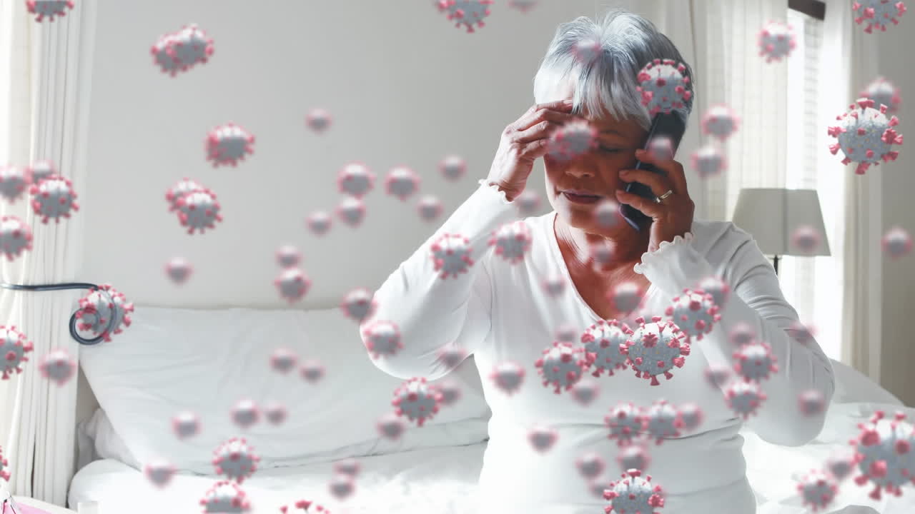 Animazione di cellule Covid-19 che fluttuano sopra una donna malata