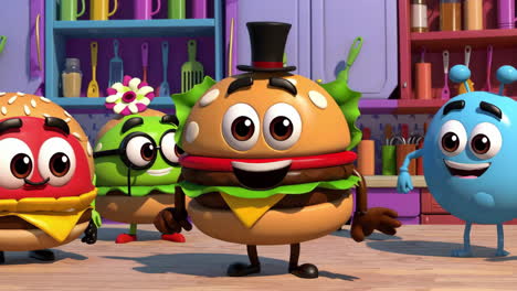 animated food characters in a colorful kitchen