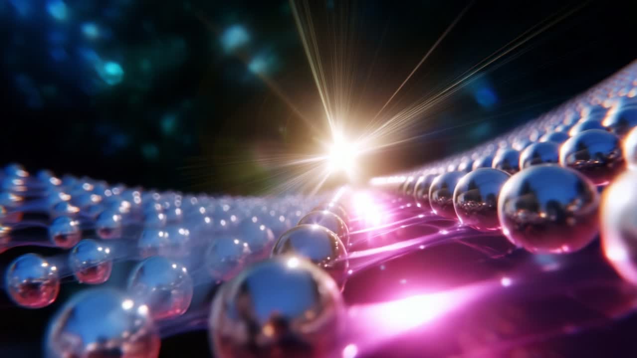 A mesmerizing visual journey through a vibrant cosmos, capturing the interplay of light and metallic spheres, creating an enchanting atmosphere that evokes curiosity and wonder in the viewer's mind