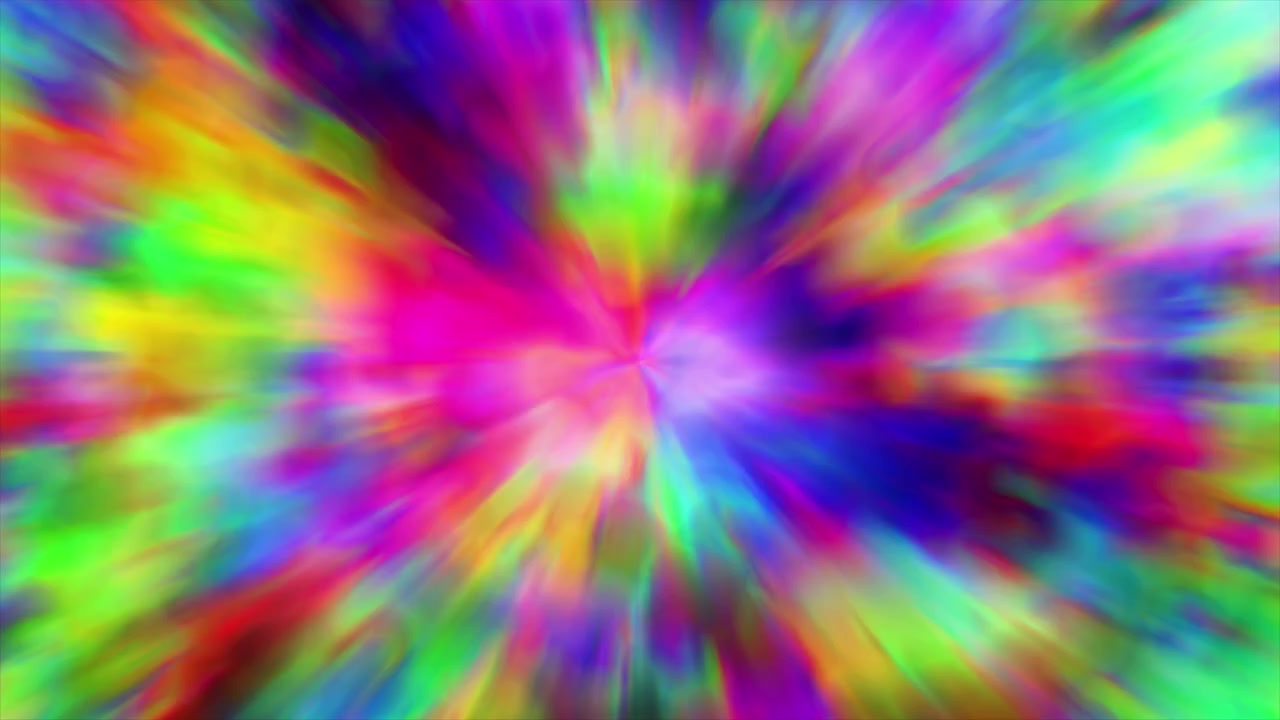 Tie dye style psychedelic 3D animation visual effect pattern with vibrant abstract splashing textures and warm neon hues of rainbow radiating outward from a glowing center motion graphics