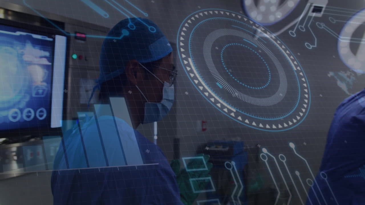 male surgeon standing in operating room, scanning monitors with holographic chart overlays