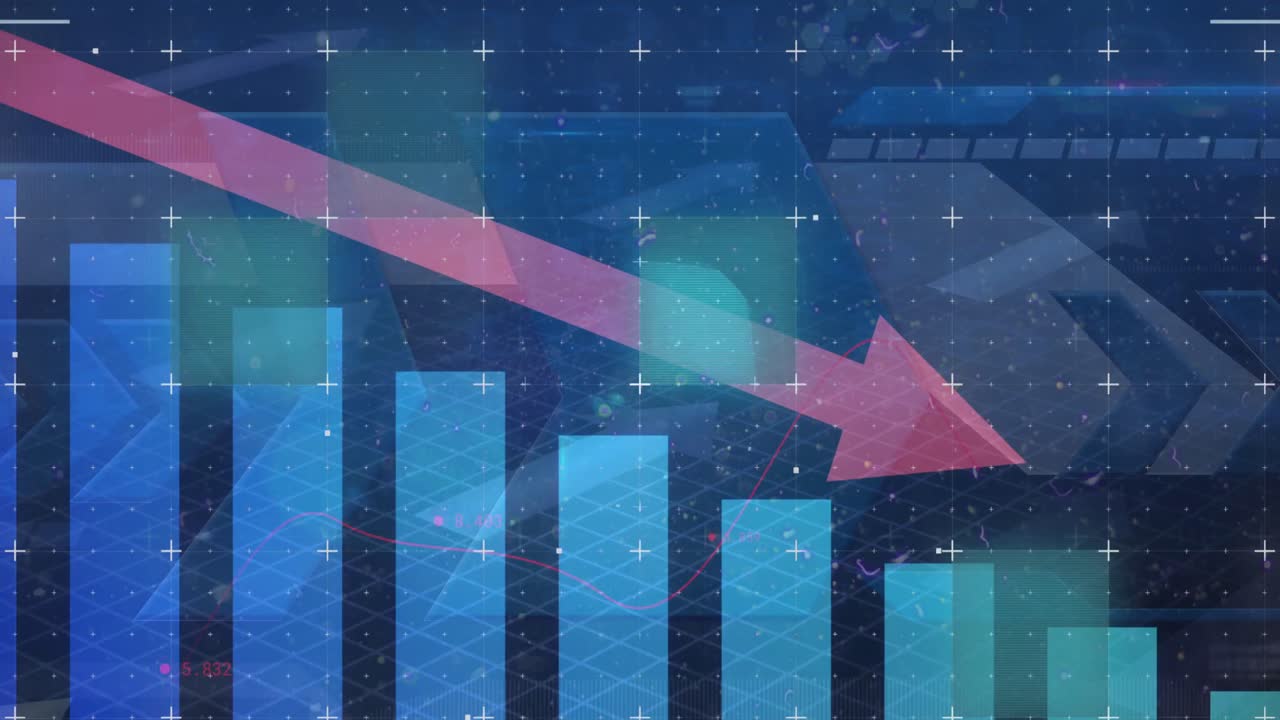 파란색 배경에 통계 및 데이터 처리와 함께 내려오는 빨간 화살표의 애니메이션