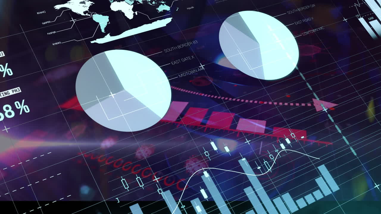 Animation of hud interface with graphs and data over abstract background