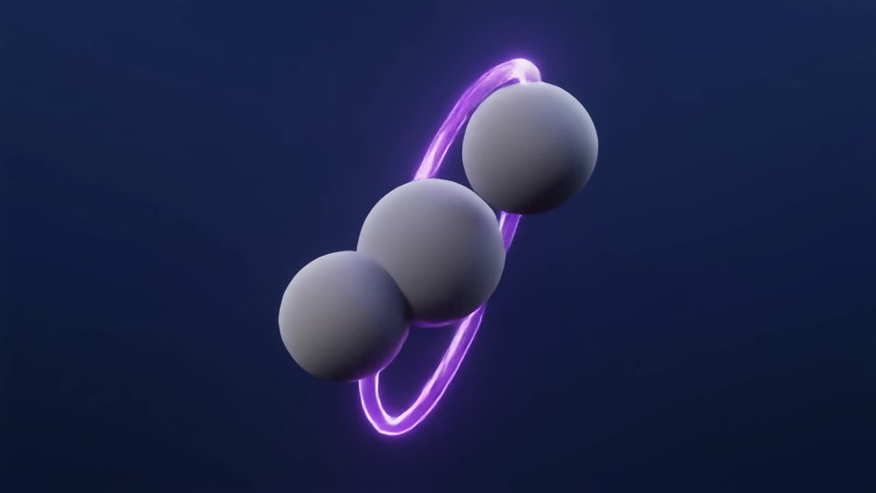 Abstract 3D Animation of Spheres Orbiting a Glowing Purple Ring