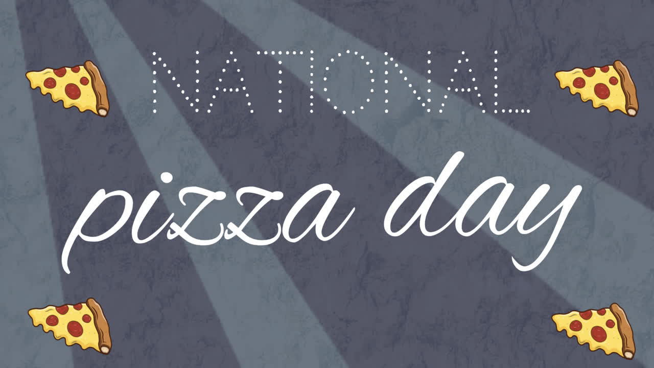 회색 배경 위에 있는 국가 피자 날 텍스트와 피자 아이콘의 애니메이션