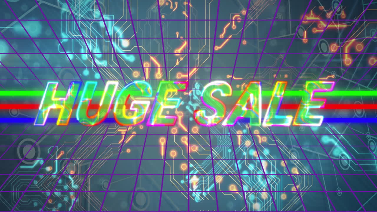 Vibrant colors with Huge Sale text over digital grid and circuit animation