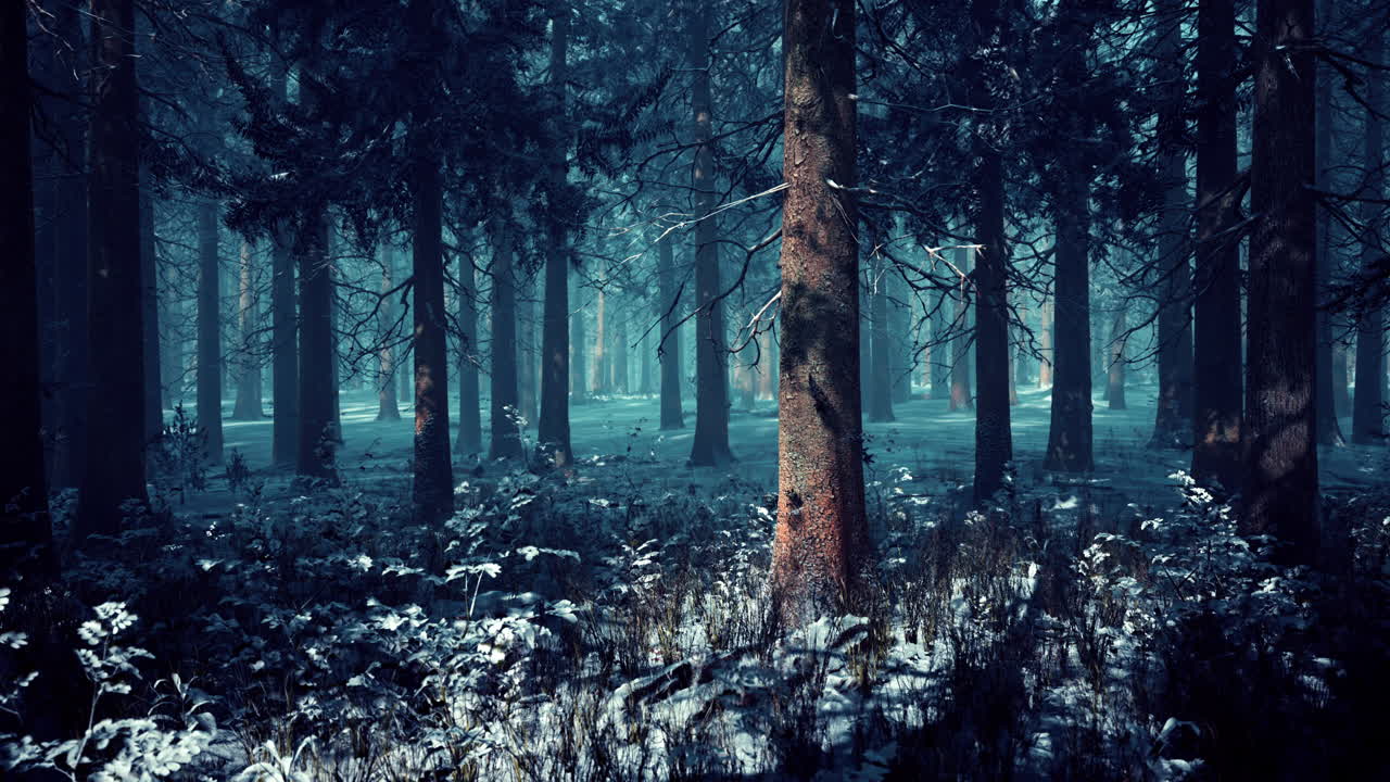 winter foggy beech and spruce forest scene