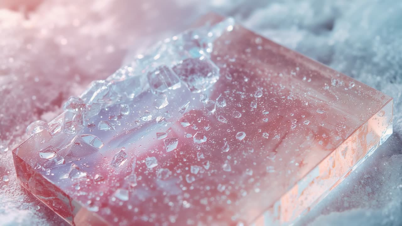 Opening clip starting camera gliding to pink block on frost capturing droplets shimmering in light