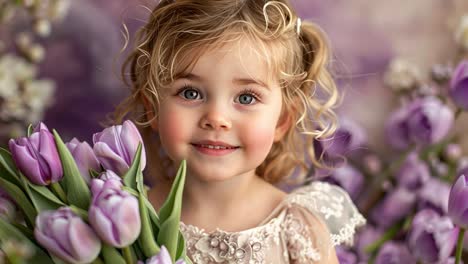 smiling young girl with purple tulips