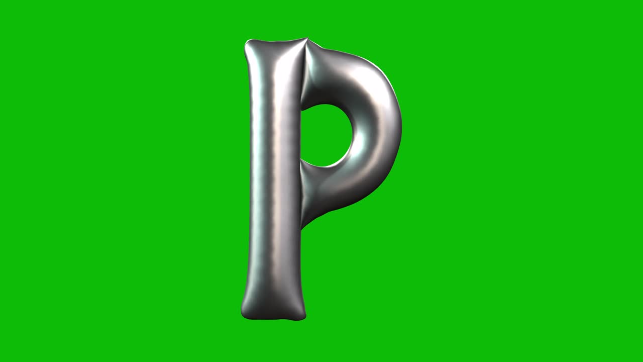 Silver Foil balloon letter P inflates, spins, and reveals on green screen in 3D animation. Ideal for celebrations, parties, birthdays, and video editing projects
