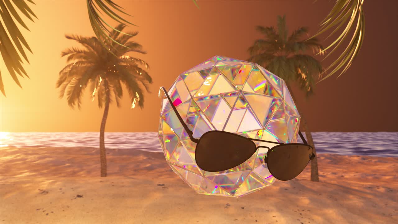 bola de discoteca de cristal en una playa tropical al atardecer