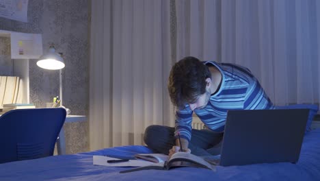 adolescente estudiando en la cama por la noche y haciendo la tarea.
