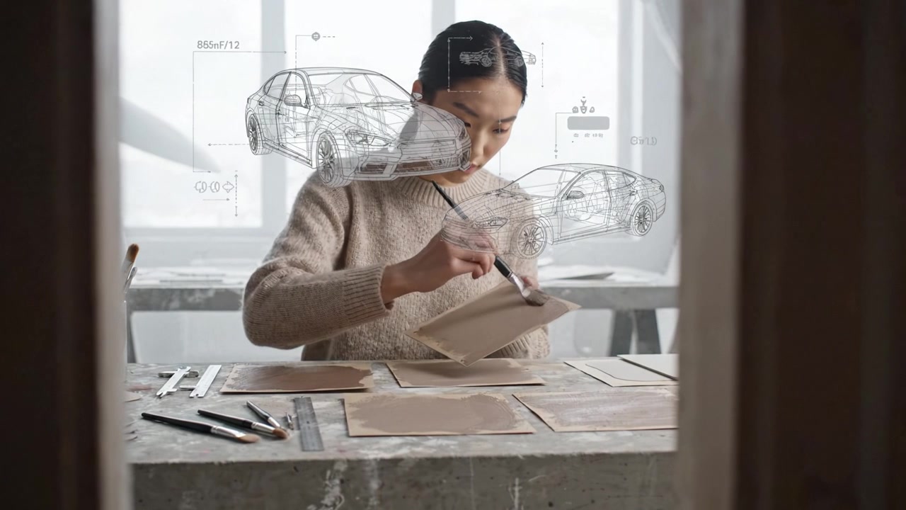 Un artista crea con passione disegni dettagliati mentre schizza concetti automobilistici in uno studio ben illuminato, mostrando creatività e precisione tecnica in azione.