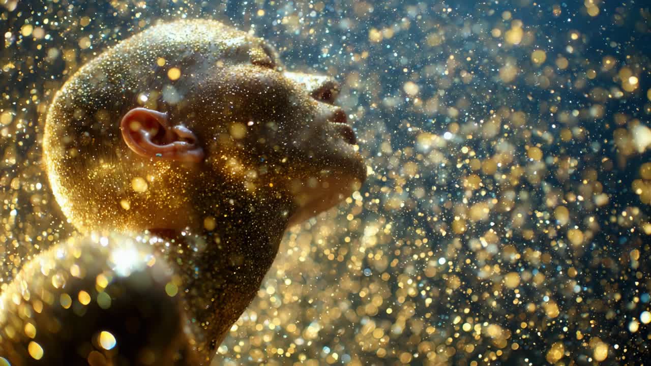 A mesmerizing close-up of a person immersed in shimmering golden particles, capturing a moment of ethereal beauty and tranquility amidst a magical background filled with sparkling dust and light