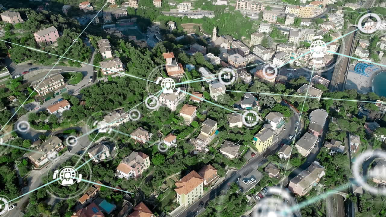 animación de la red de conexiones con iconos sobre el paisaje urbano