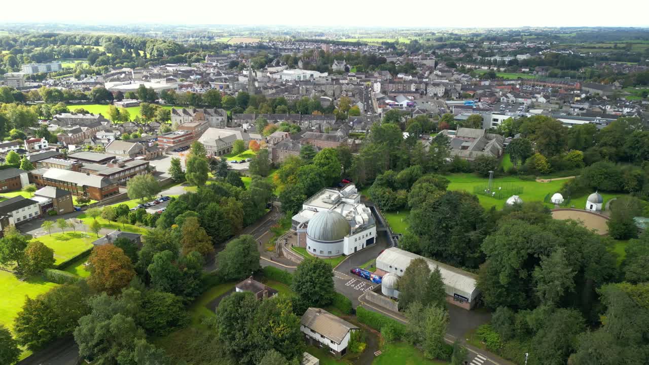 Rising 4K 30FPS aerial video of Armagh Planetarium and the surrounding area in Armagh, Northern Ireland in the UK. Produced in Rec709 color
