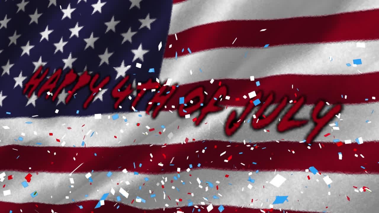 Colorful confetti falling over Independence Day text against US flag
