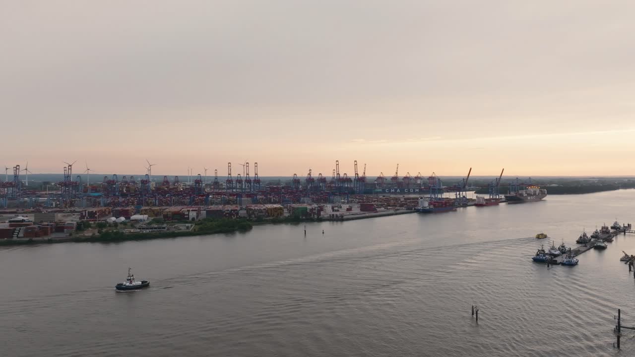 Hamburg Harbour cargo cranes container yard and ferry boats