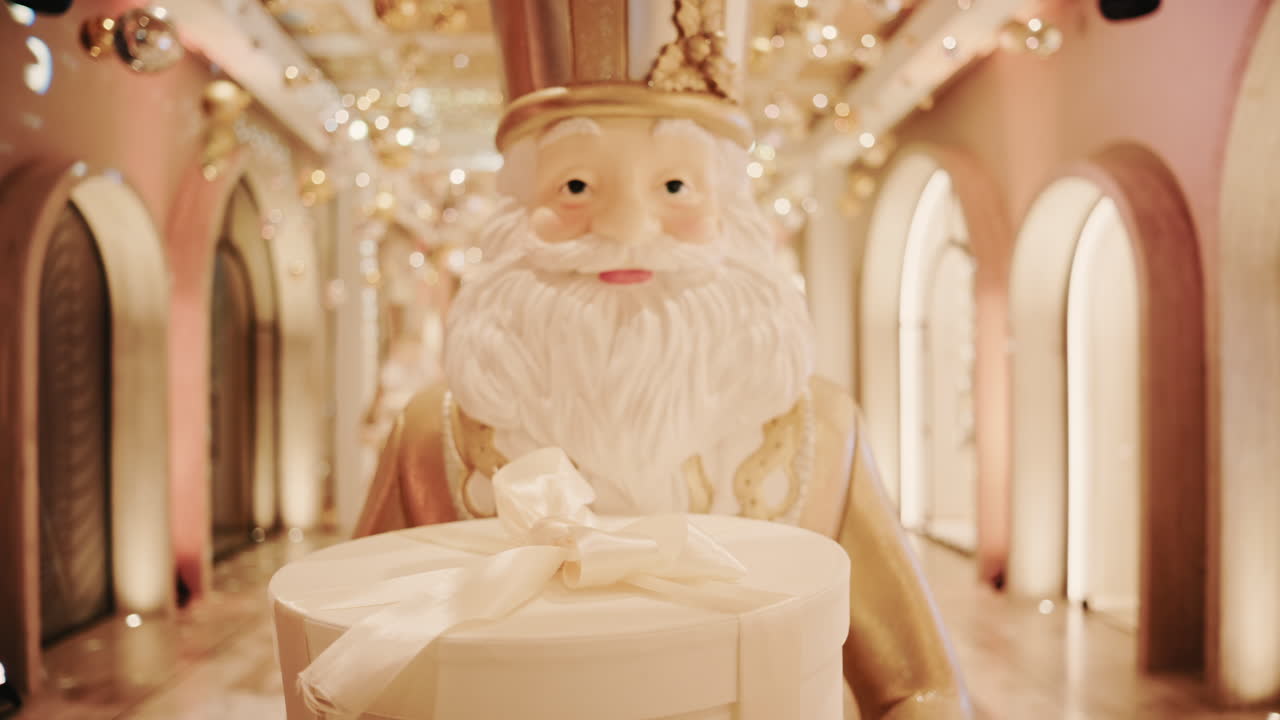 Close up of a Santa Claus figure inside a festive Christmas installation with warm lights and ornaments