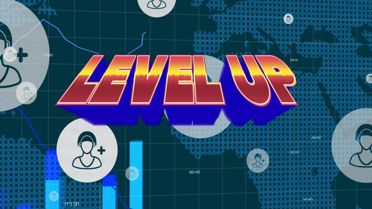 사용자 아이콘으로 디지털 추상 공간에서 레벨 업의 애니메이션