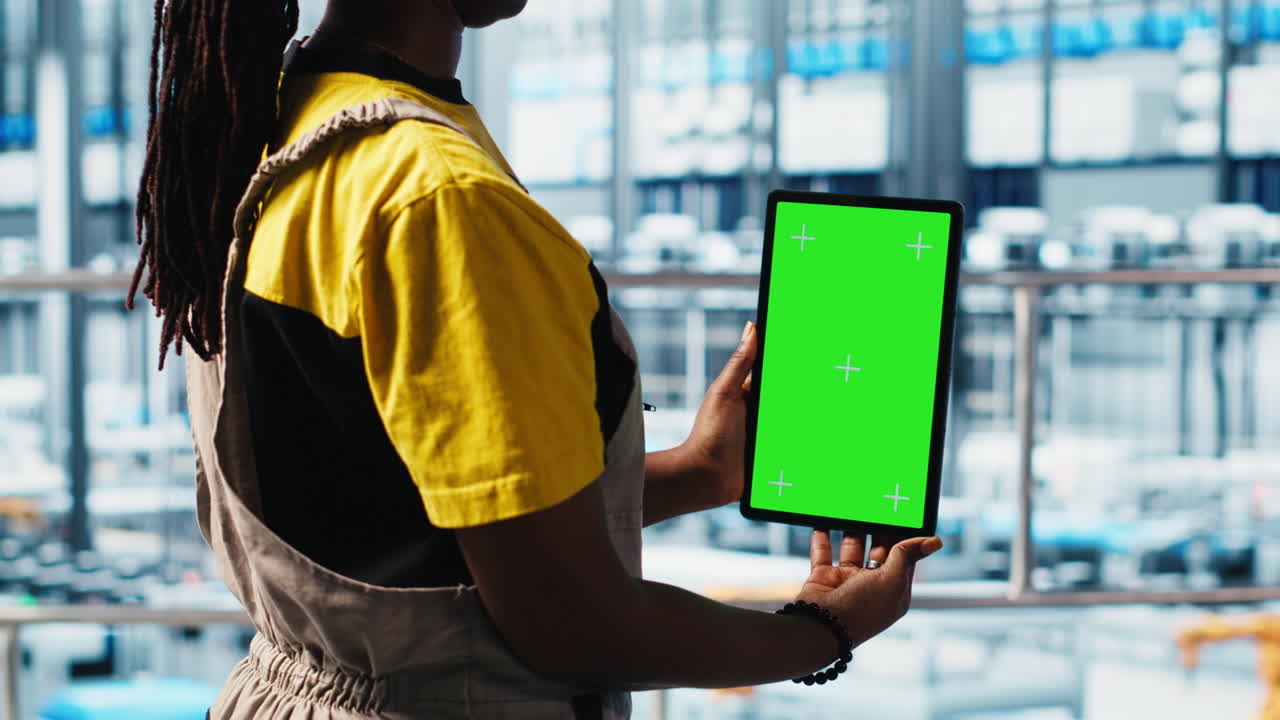 técnico de robótica que utiliza el dispositivo de llave de croma en una fábrica inteligente