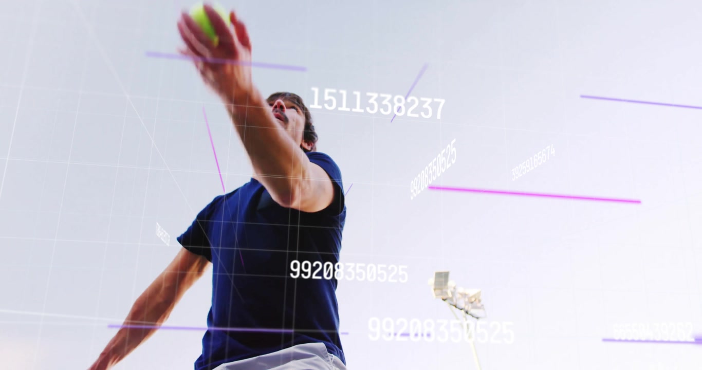 Male athlete tossing ball and serving on tennis court for analytics using floating numeric overlays