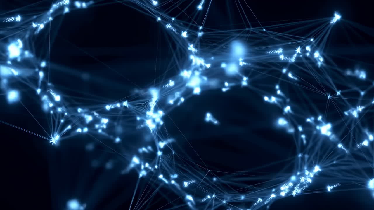 Glowing Network Of Animated Nodes, Interconnected Lines Pulsing With Light, Digital Data Flow And Synapselike