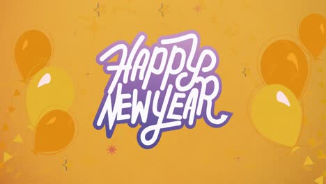 animación del texto de feliz año nuevo en púrpura y blanco con globos amarillos sobre fondo naranja